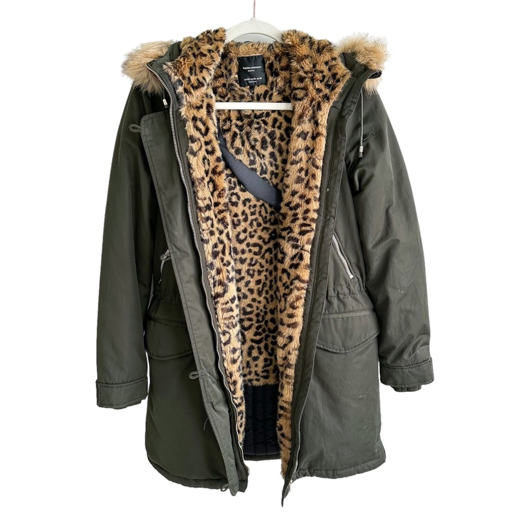 Zara Trafaluc Outerwear Fur Hooded Green Jacket With Leopard Fur Lined Interior